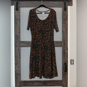 LuLaRoe Black and Orange Leaf Pattern Midi Dress